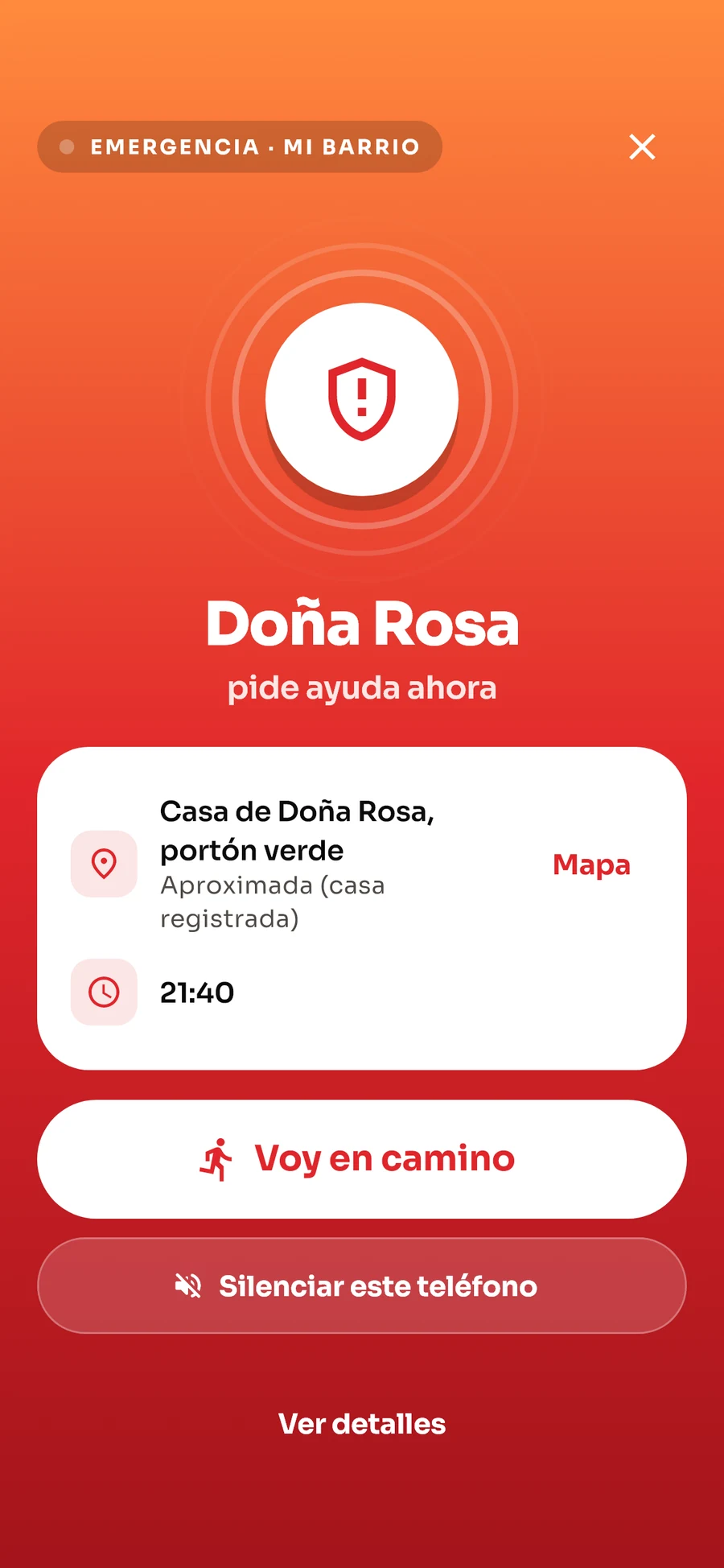 Pantalla roja de emergencia en el celular de un vecino