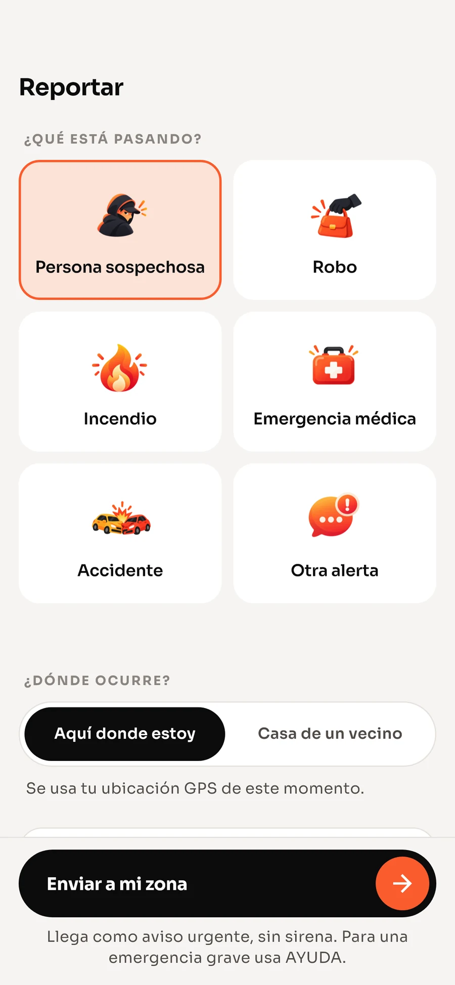 Pantalla Reportar con dibujos para cada tipo de aviso